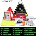 HolaKit Auto Emergency Kit, 55-Piece Car Emergency Roadside Kit with Jumper Cables, First Aid Kit, Safety Hammer, Goggles, Tow Ropes and More Ideal Car Essential Accessories for Women and Men