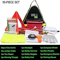 Vista 8 de HolaKit Kit de emergencia para automóvil, kit de carretera de 55 piezas con cables de puente, kit de primeros auxilios, martillo de seguridad