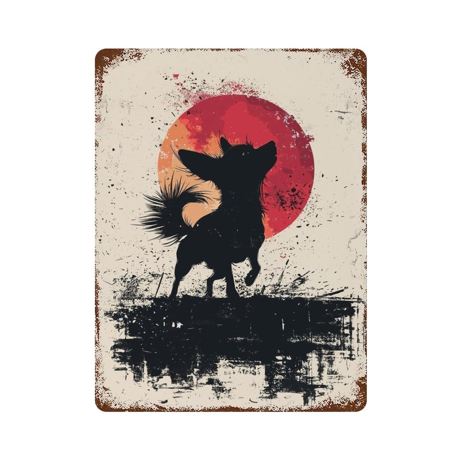 Garage Style Chihuahua Silhouette with Red Moon Rustic Tin Plaque 15.7"x11.8", Classic Wall Plaque for Bar And Workshop