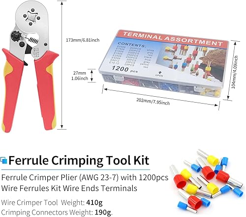 Miniatura 6 de Kit de herramientas de prensado de virola, alicates de crimpadora de virola con 1200 piezas de terminales de extremos de cable, crimpadora de cable