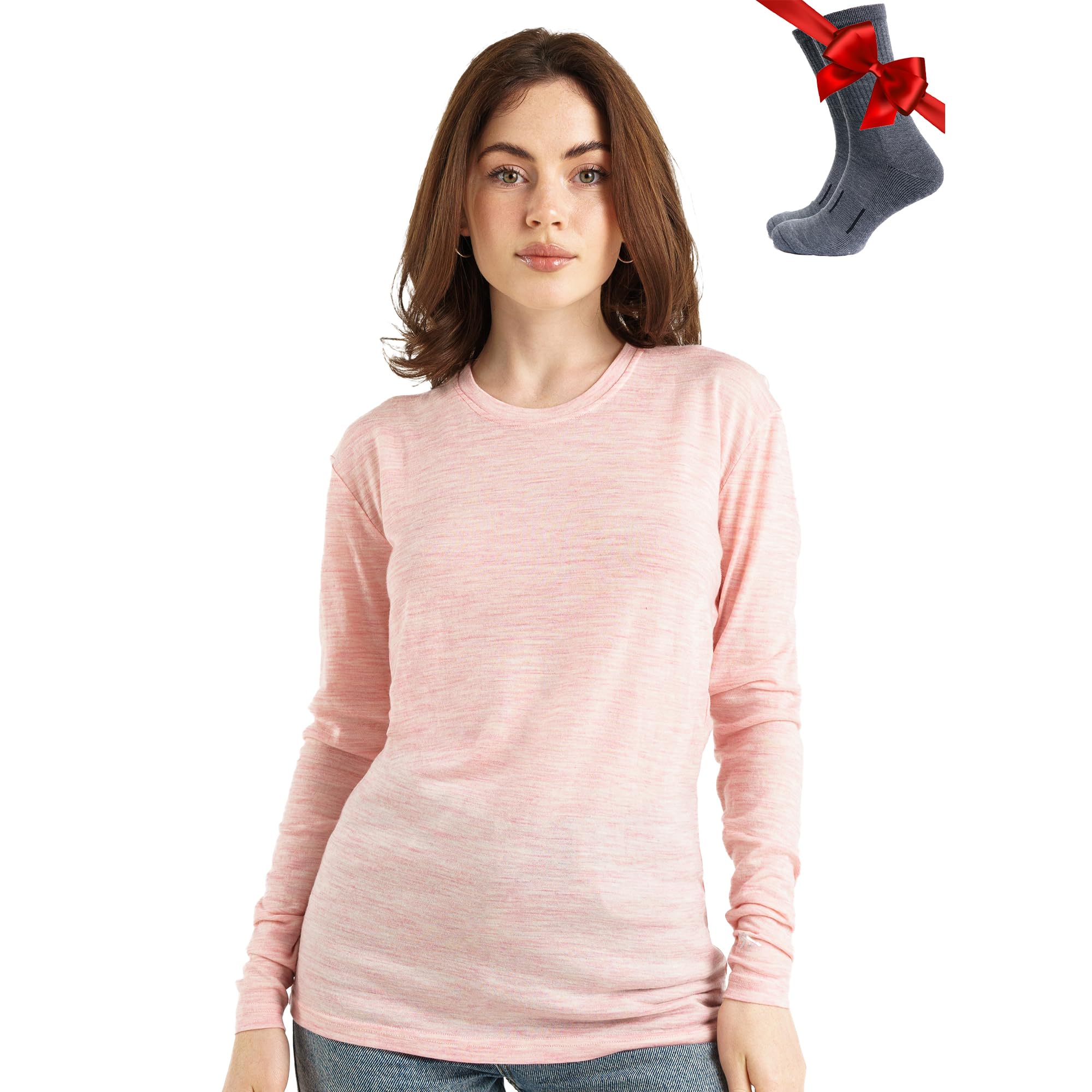 Merino.tech Camiseta Termica Lana Merino Mujer - Ropa Térmica + Calcetines (Medium, 165 Pink Heather)