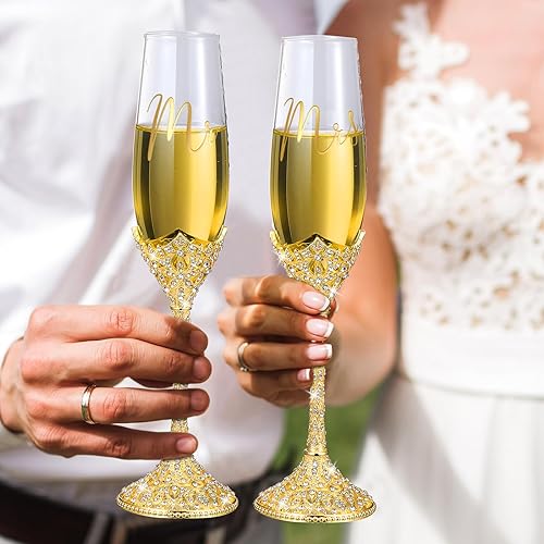 Miniatura 6 de Sratte Juego de 4 cuchillos para pastel de boda y copas de champán, copas de champán con diamantes de imitación de cristal para tostar, vasos,