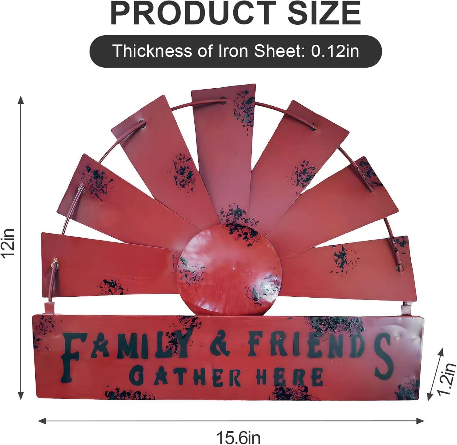 Fleecy day Farmhouse Windmill Wall Decor, Rustic Metal Kitchen Wall Decorative, Iron Art Hanging Wall Decoration, Country Home Decor Sculpture Art for Kitchen, Living Room, Bedroom, (Semicircle, Red)