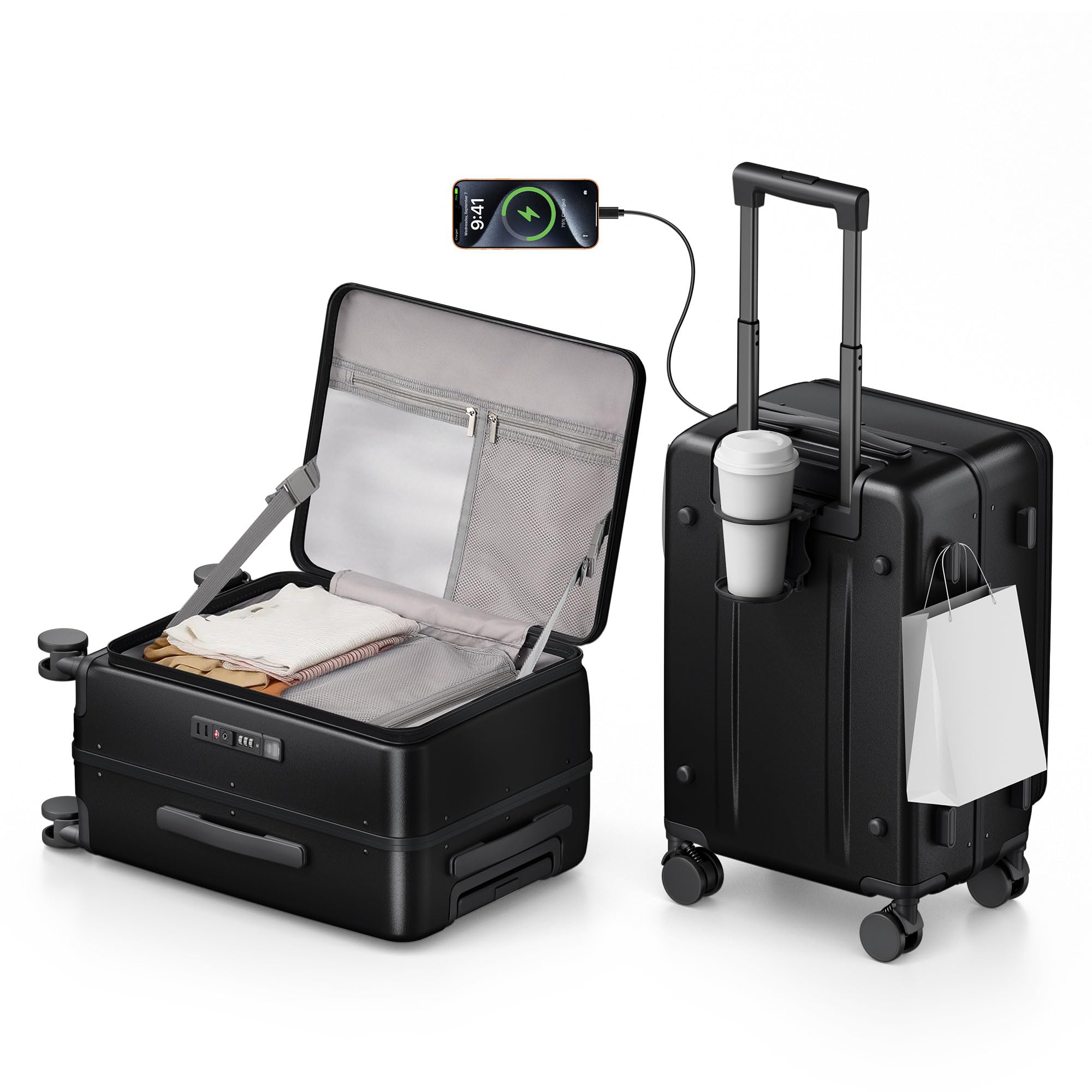 Photo 1 of ISLAND ELEPHANT 20IN Carry On Luggage,Top Opening Aluminum Frame Hardside 100% PC Airline Approved Suitcase -with TSA Lock,Cup Holder,USB Charge,Side Pothook, 360°Spinner Wheels-Black