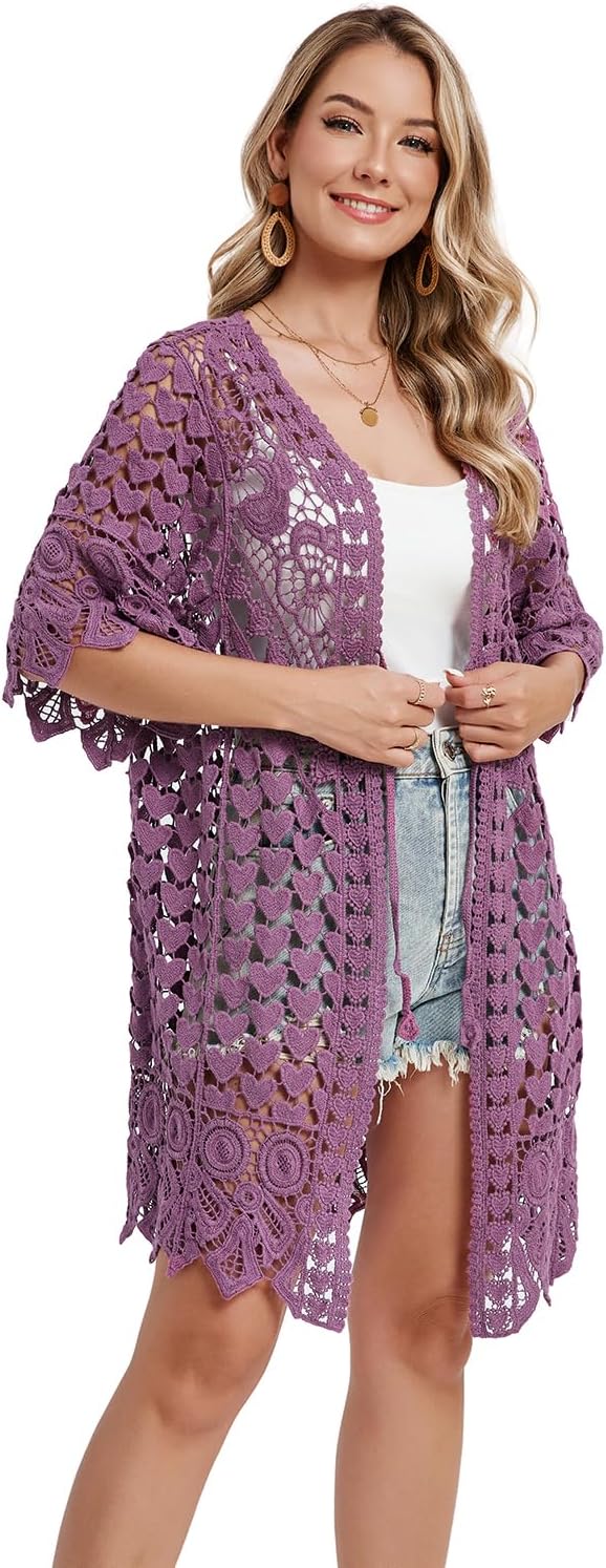 Women's Hollow Out Lace Kimono Short Sleeve Crochet Cardigan Cover up - Image 4
