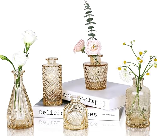 UPBUD Amber Gold Glass Bud Vases Set of 5, Small Vases for Flowers | Mini Vases in Bulk for Wedding Decorations, Vintage Vase for Table, Recepetion, Home Décor