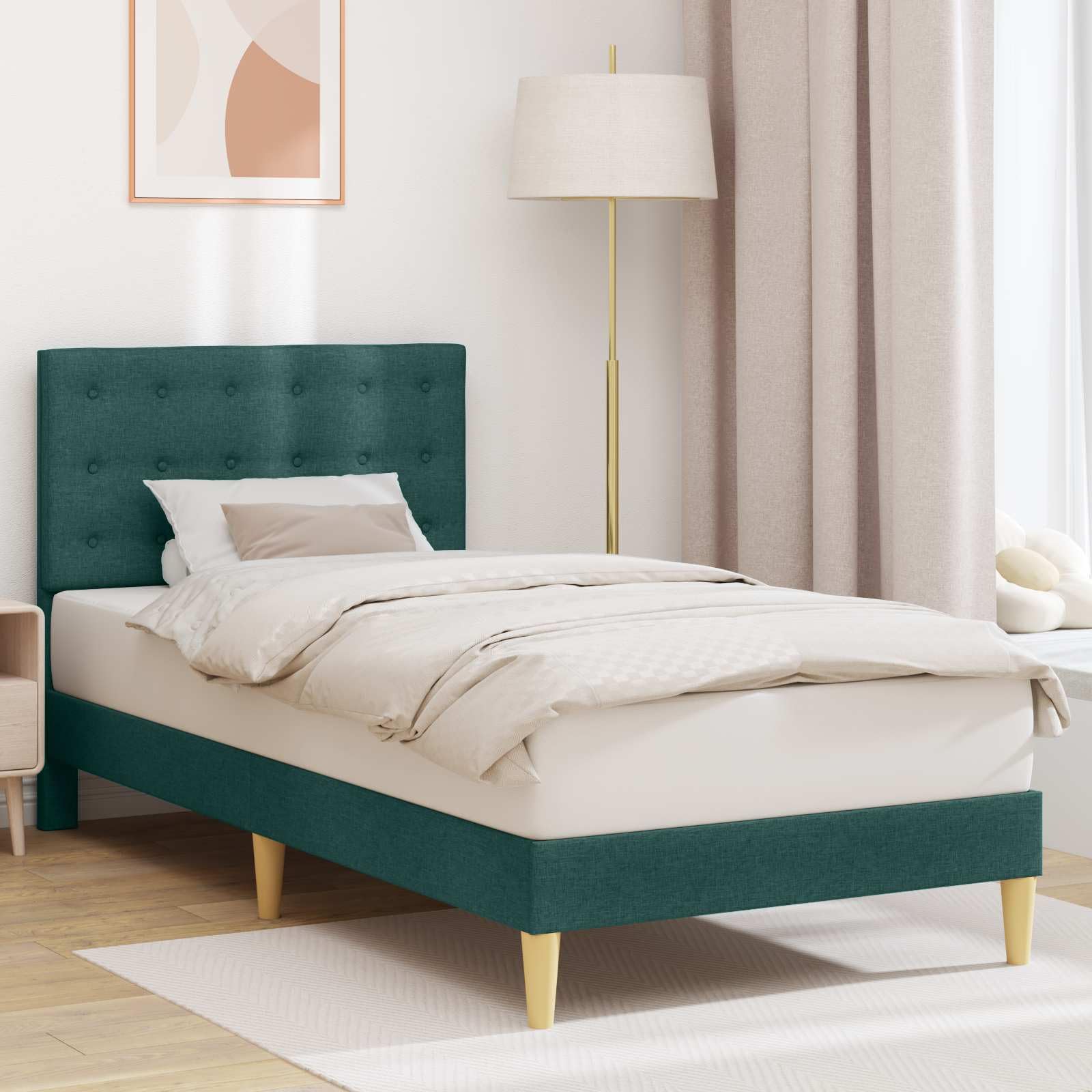 Rama de cama verde oscuro 90x190 cm tejido suave moderno minimalista con cabecero de contrachapado resistente a las manchas fácil de limpiar patas cónicas elegantes para dormitorio salón hogar