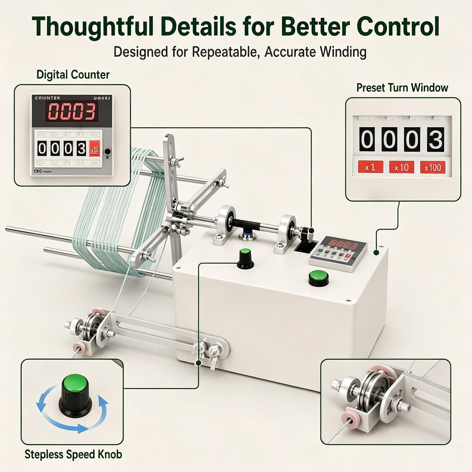 Máquina eléctrica de bobinado de borlas, herramienta de carrete de hilo inteligente, bobinadora automática de hilo con pantalla digital, velocidad y giros ajustables, circunferencia máxima de 50 cm