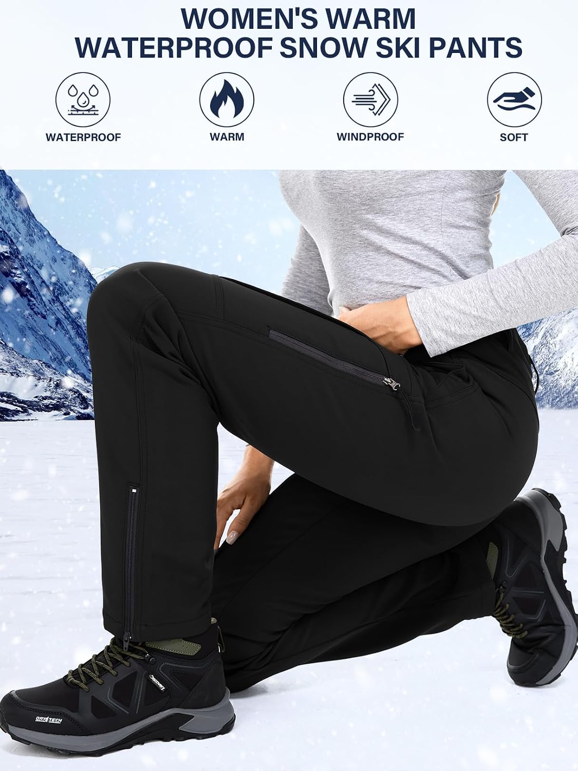 Pantalon Softshell Femme Ambayz - Imperméable 5000mm, Coupe-vent, Doublure Polaire - Pour Rando, Ski, Plein Air