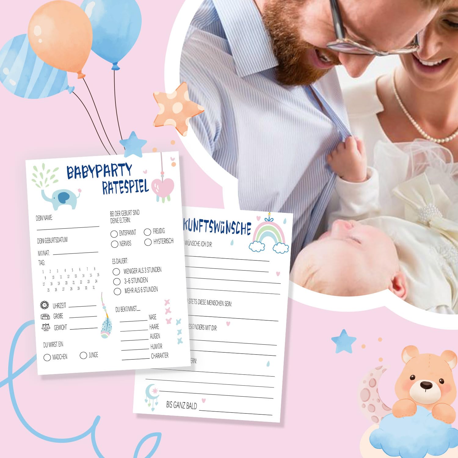 Biglietti Baby Shower 25 Carte Con Tema Orso E Penna – Ideali Per Feste, Giochi E Ricordi, Stampa Fronte/Retro