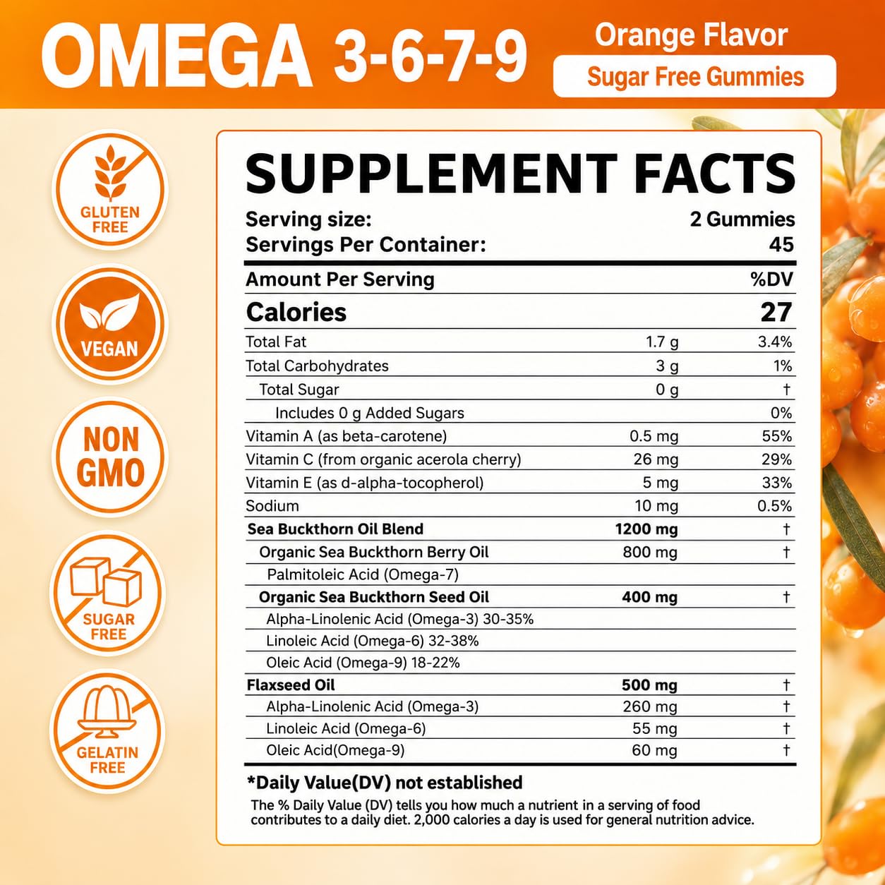 Omega 3-6-7-9 Gummies, Organic Sea Buckthorn Oil 1200MG & Flaxseed Oil 500MG, Vegan Omega 7 Supplement w/Vitamin A, C, E, Fatty Acids, No Fish Taste, Supports Skin, Eye, Immune, Brain Health, 90 Cts — Amazon image 9