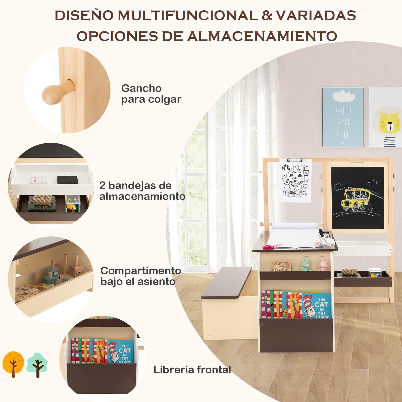COSTWAY Caballete Infantil, Juego de Mesa y Banco de Arte, Centro de Arte de Madera Multifuncional Con Caballete Ajustable de Doble Cara, Pizarrón Magnética, Rollo de Papel Reemplazable (Café)