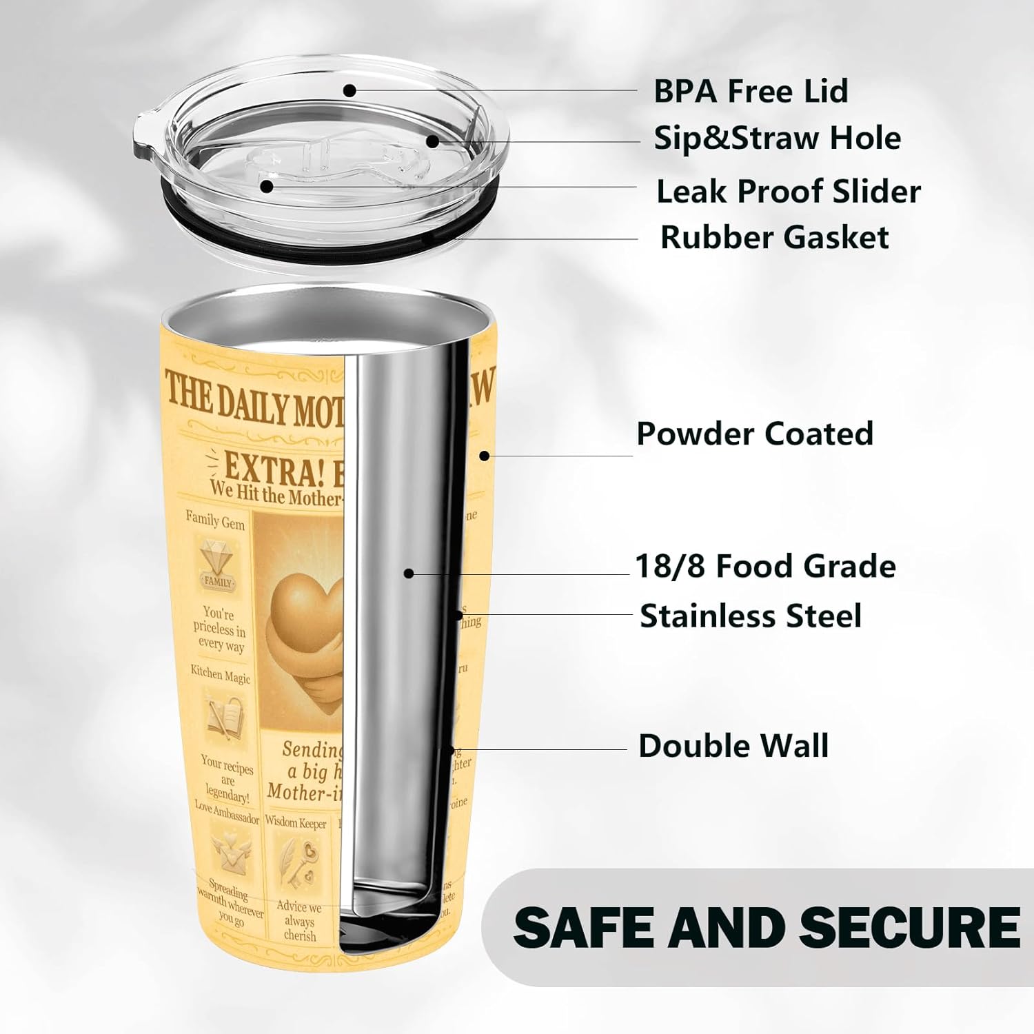 Mother-in-Law Gift Tumbler with Lid – Vintage Newspaper Heart Travel Cup, Fits Car Cup Holder, Birthday Christmas Mother’s Day Gift for Her - Image 5