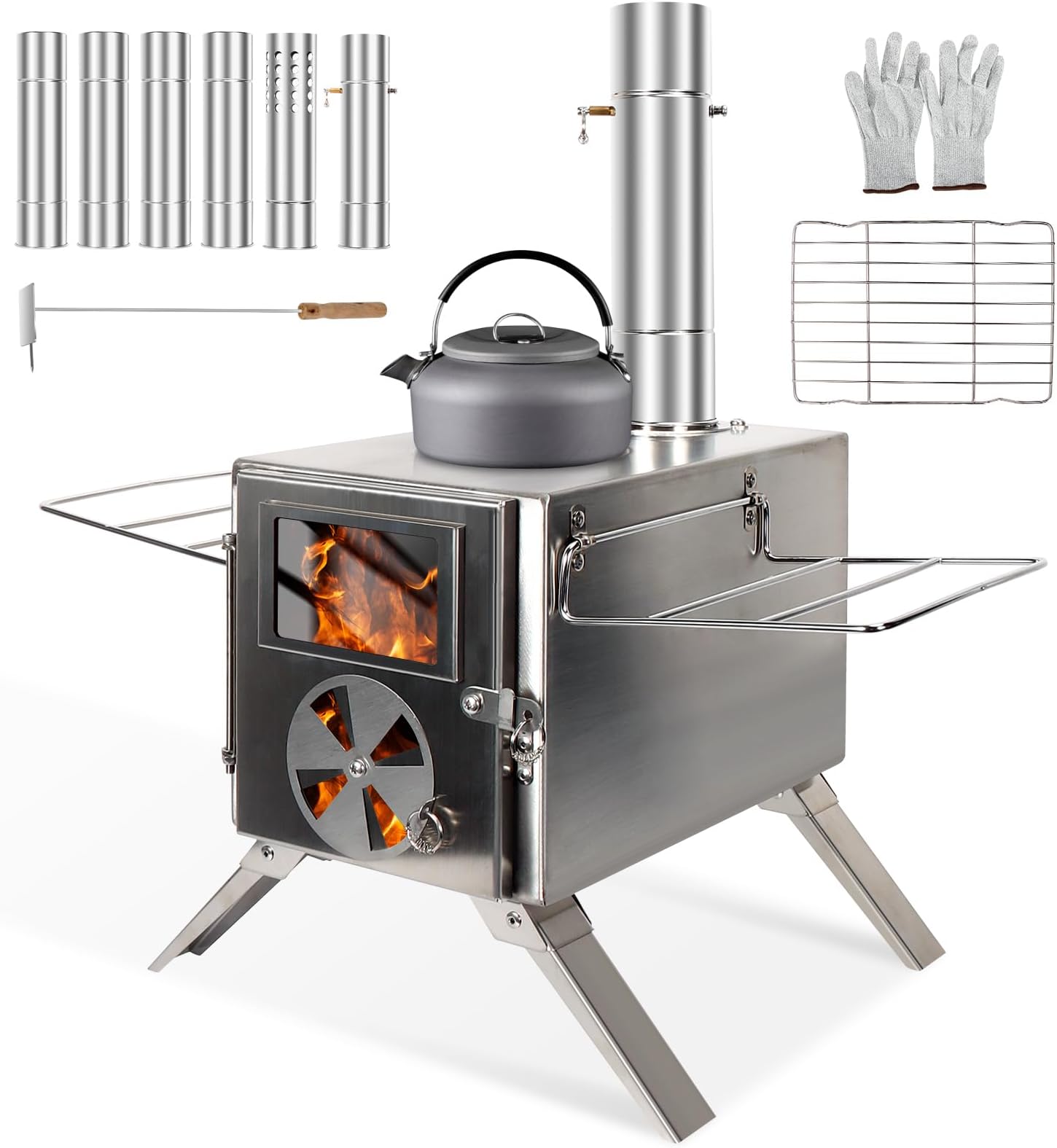 LAMA Tent Camping Stove, Portable Folding Stainless Steel Wood Stove with Chimneys and Gloves, Wood Burner for Tents, Hiking, Cooking, Heating, Camping, Silverwhite