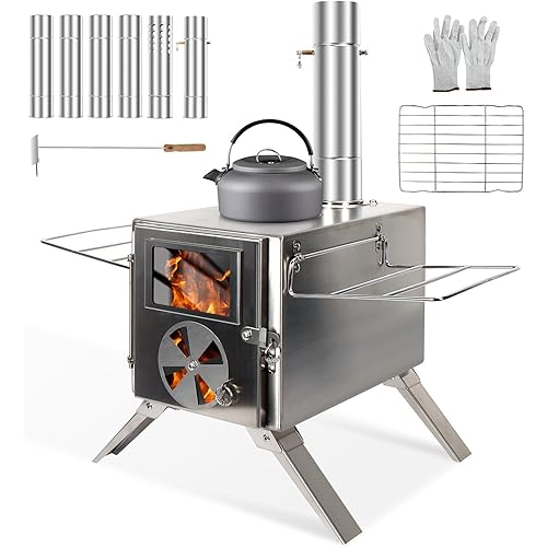 Camping Stove for Hot Tents, LAMA 304 Stainless Steel Wood Burning Stove with Stainless Wall Chimney Pipes for Tents, Shelter, Outdoor Portable Stove for Camping Heating and Cooking
