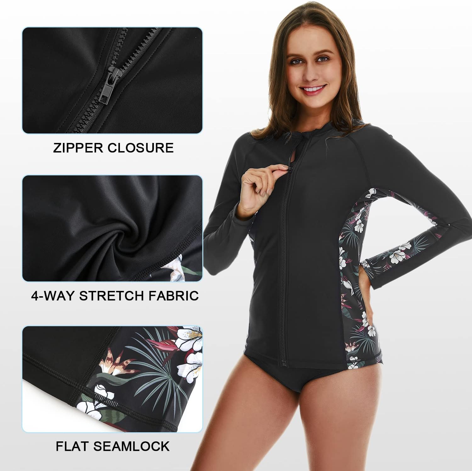 HODOSPORTS Women's Rashguard UPF 50+ Swimsuit Zip Front Sun Protection Swim Shirt Long Sleeve S-5XL - Image 3