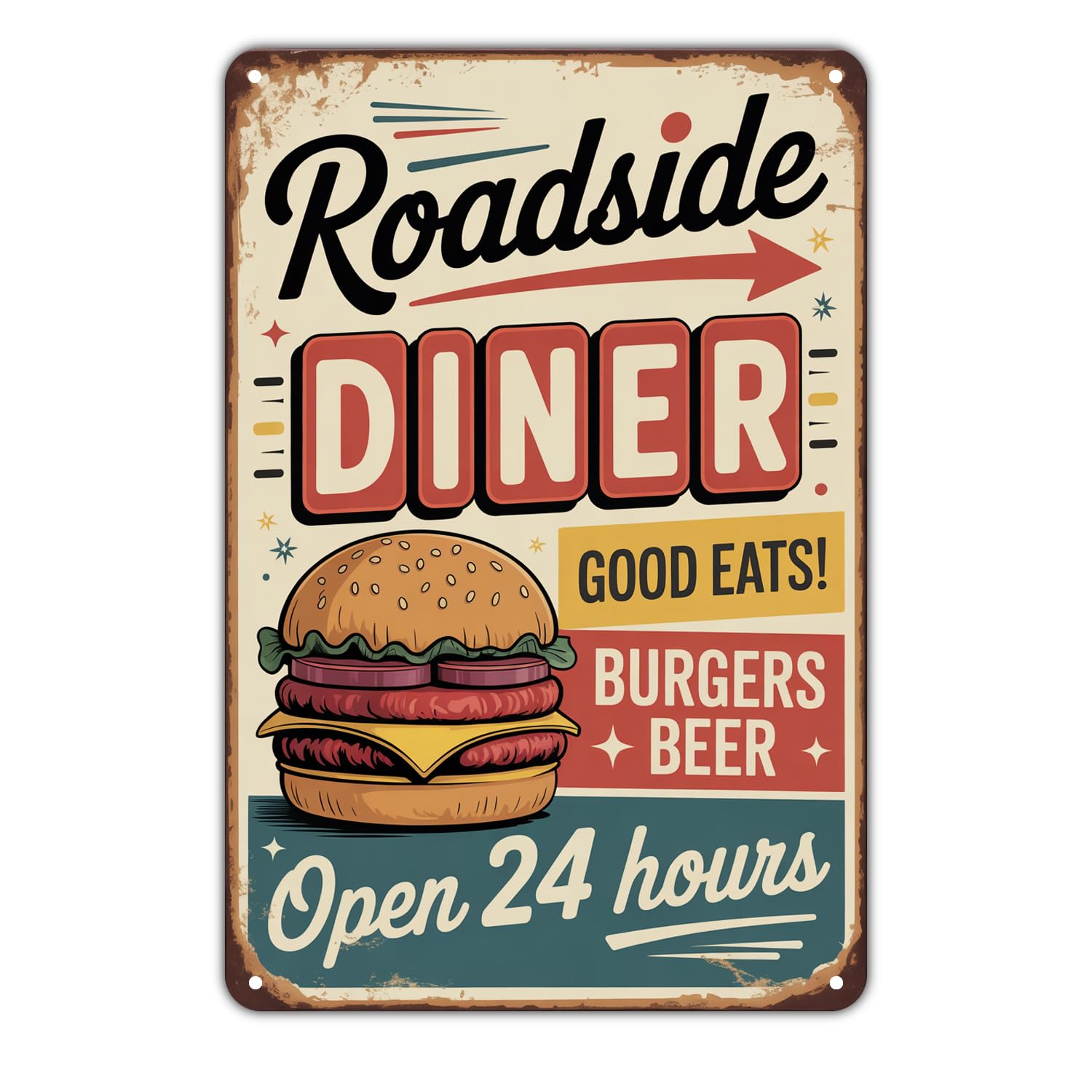 Roadside Diner Tin Sign Vintage Burger Beer Metal Sign Print Aesthetic Metal Tin Sign 8X12 Inch