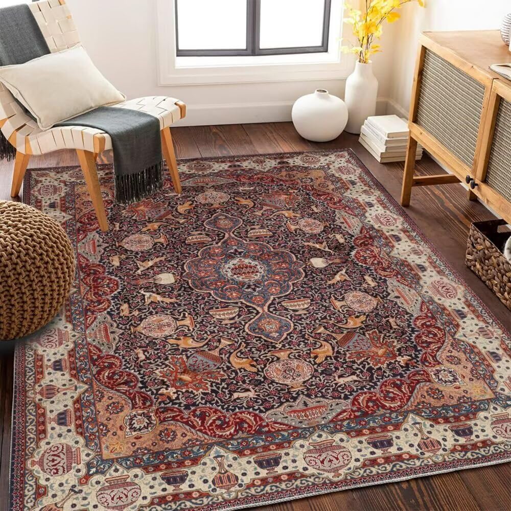 Tapis Oriental de Chambre à Coucher Ambiance Chaleureuse Rouge et Fleurs de Pêcher 200X300CM