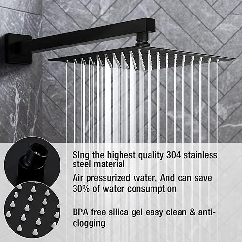 Miniatura 2 de HGN Sistema de ducha negro mate de 12 pulgadas, latón de 12 pulgadas, mezclador de lluvia de lujo, conjunto combinado de ducha montado en la pared,