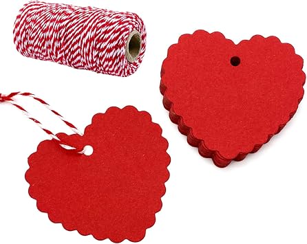 100 Pcs Valentines Gift Tags Red Heart Cutouts Heart Shaped Paper Present Tags with 300 Feet String for Valentines Day Mothers Day Wedding Party Gift Wrapping Hang Labels