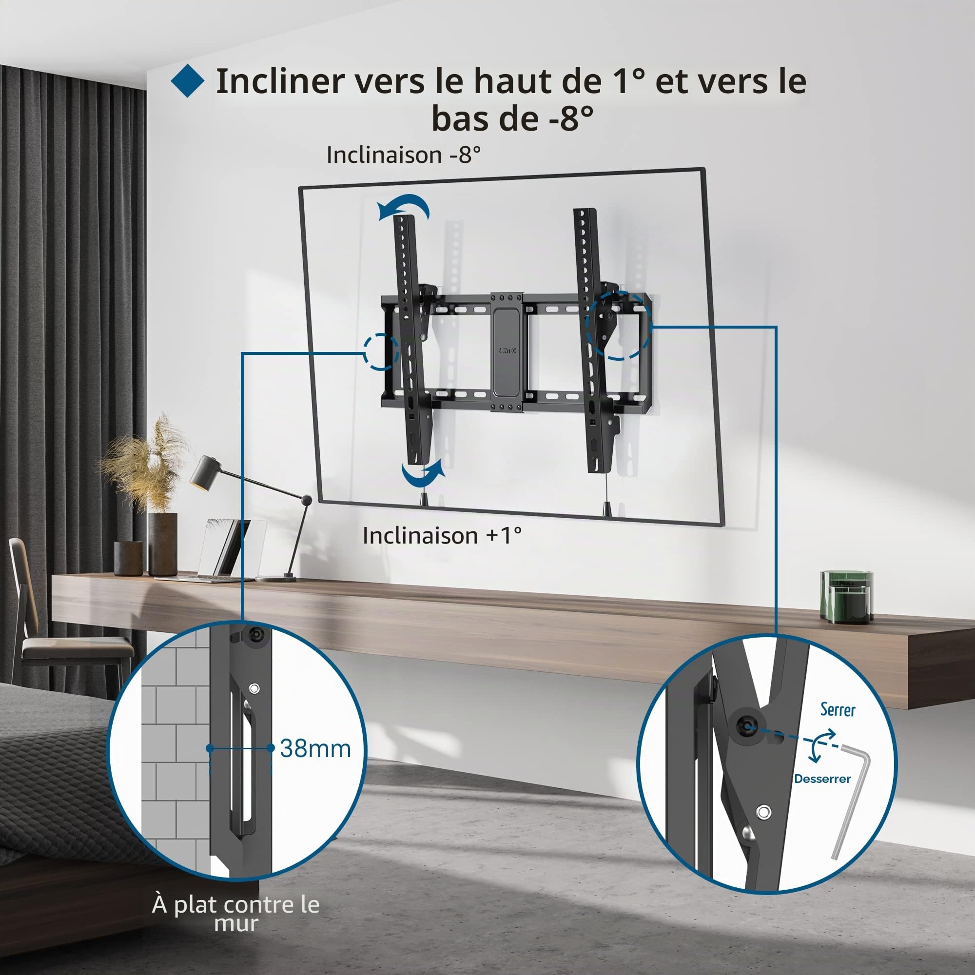 BONTEC Support Mural TV Inclinable pour Téléviseurs LCD, LED, Plasma de 37 à 86 Pouces, VESA 600x400mm, Charge 75 kg, Support TV Mural Fixe avec Niveau à Bulle, Compatible Samsung, TCL