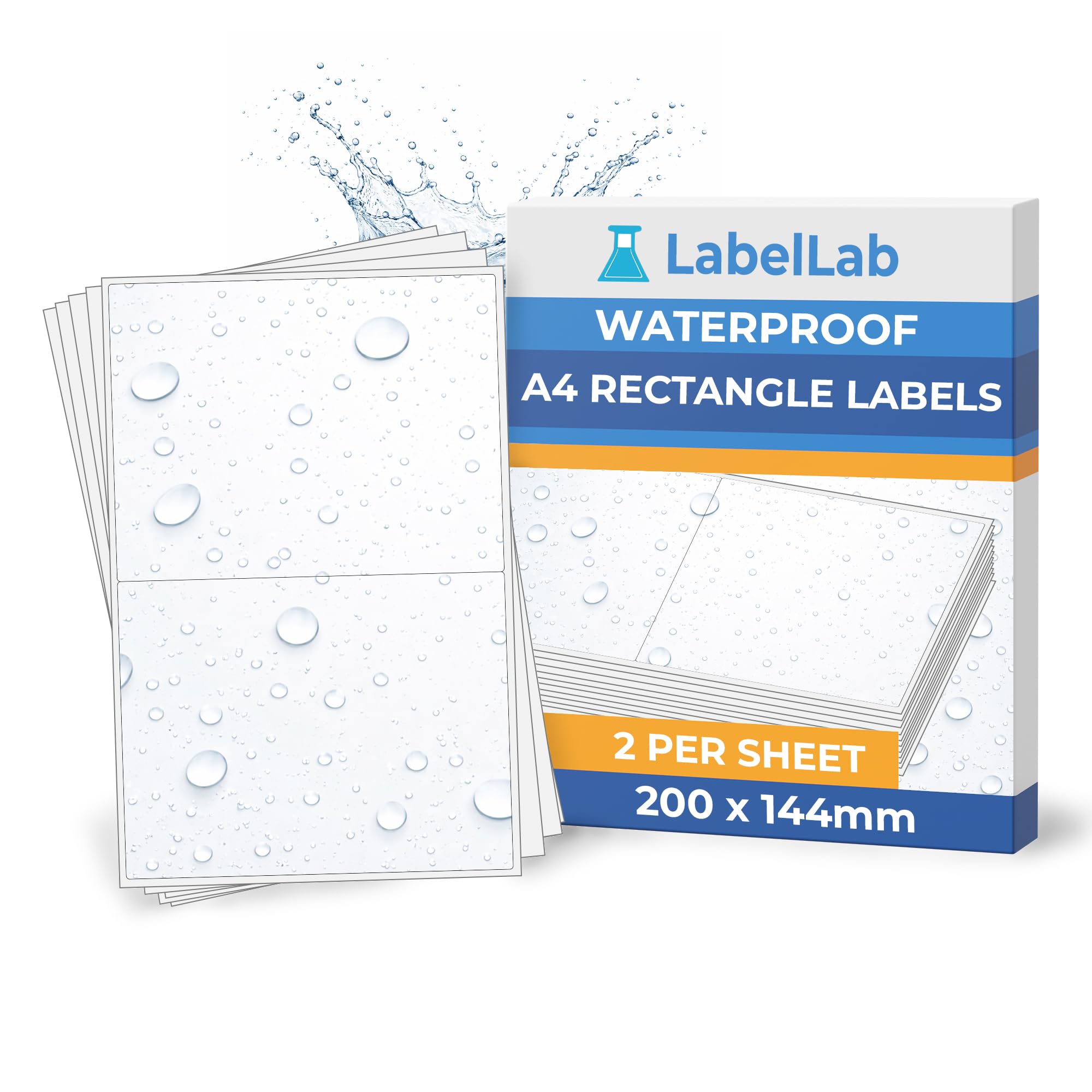 Waterproof A4 Rectangle Labels for Laser Printers – Plastic Sheet Labels, Strong Adhesive – 2 Per Sheet (200 × 144 mm), 25 Sheets – LabelLab