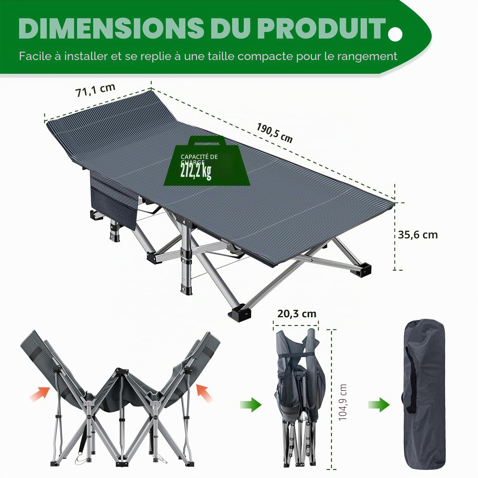 Lit de Camp Pliable avec Matelas, Lit Pliant Adulte 190 x 71 x 36 CM Charge Jusqu'à 200 kg Camping Bed Oxford 1200D 1 Personne pour Camping, Voyages, Maison, Jardin, Bureau