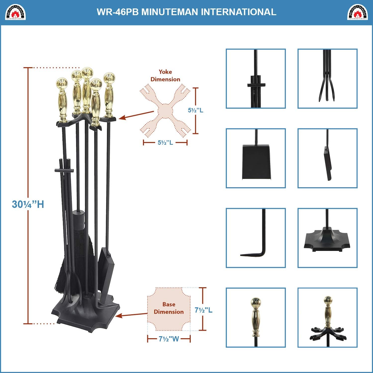 Minuteman International Carlisle Fireplace Tool Set, Polished Brass and Black