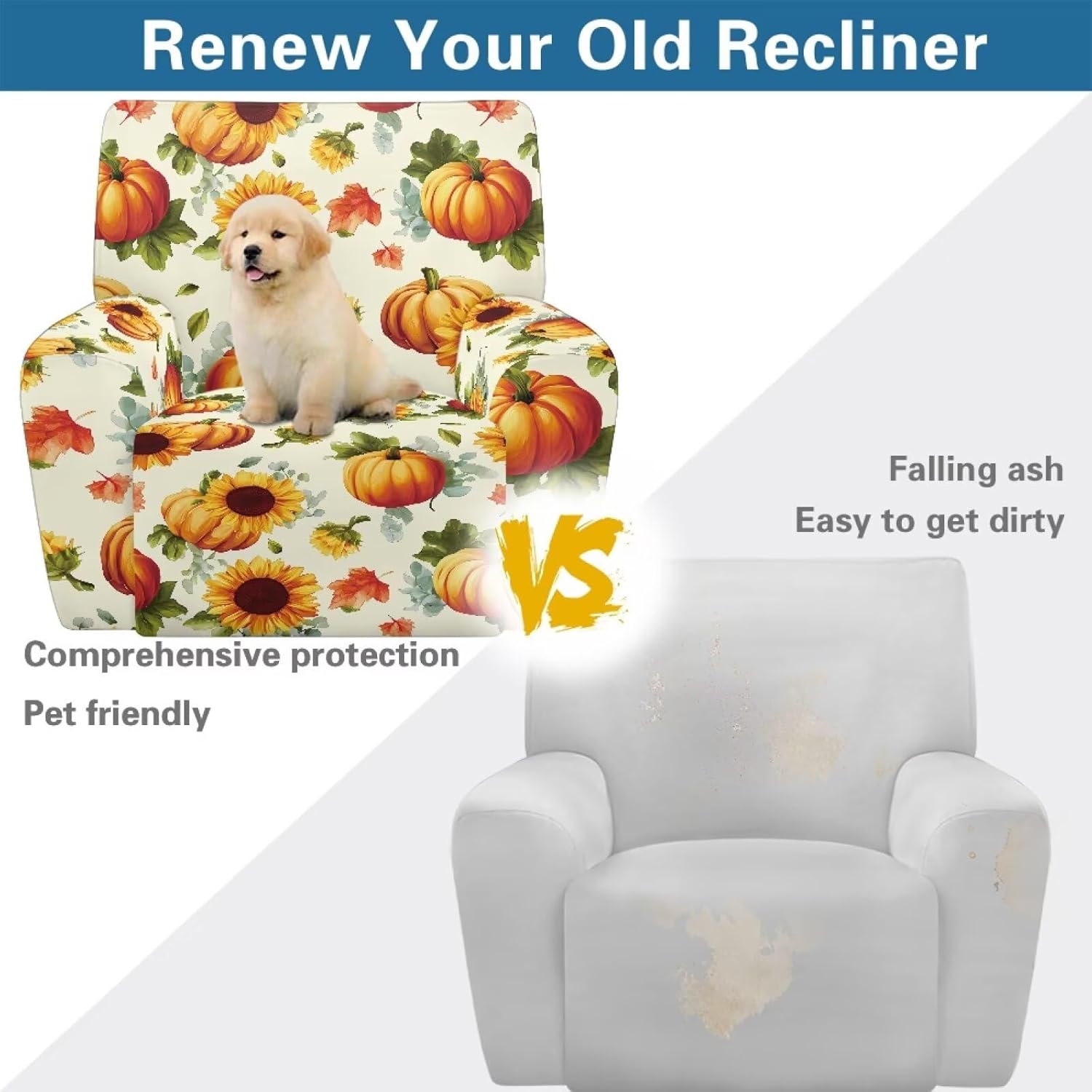 FOR U DESIGNS Sunflower and Pumpkin 4-Piece Stretch Recliner Slipcover Set with Elastic Edges Non Slip Storage Pockets Furniture Protector Washable for Living Room Reclining Chairs