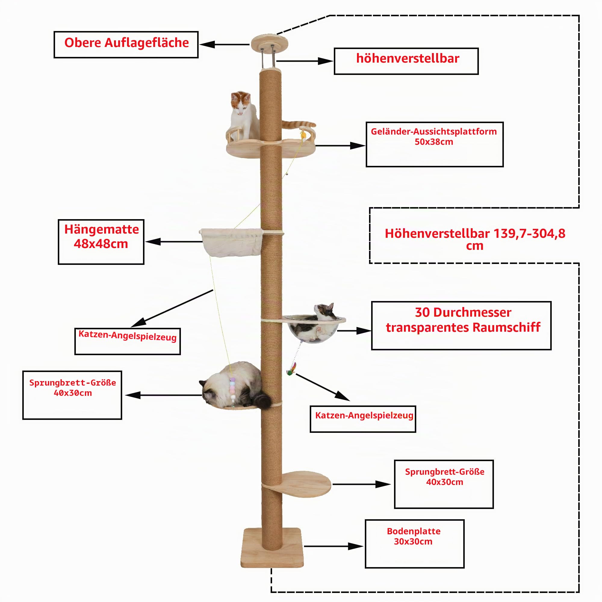 Verstellbarer Decken-Katzenbaum (125–300 cm) – 5 Etagen Katzenkratzbaum aus Hanf | Stabiler Aktivitätsbaum für Indoor & Outdoor Nutzung