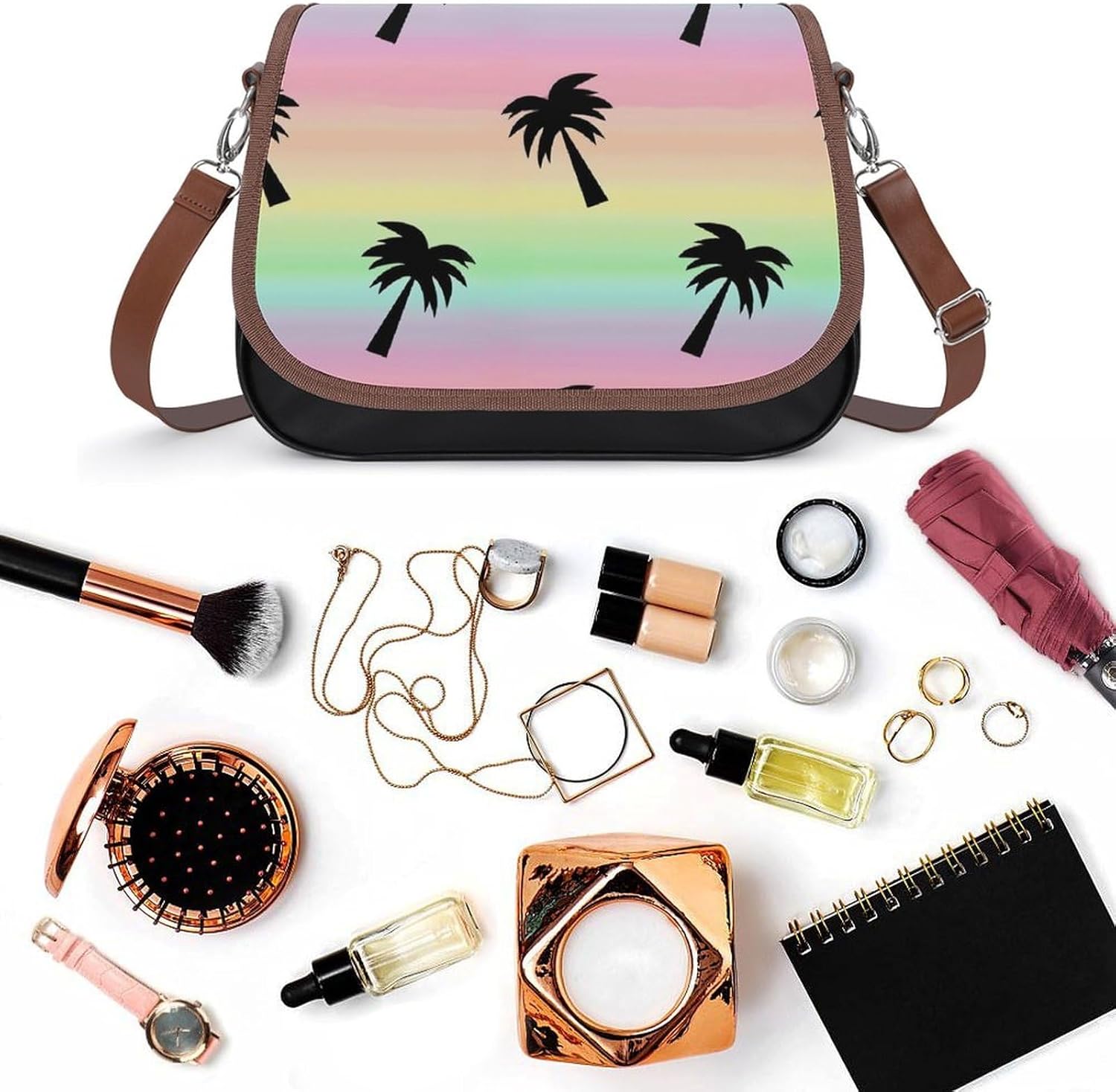 Colorful Rainbow Palm TreeWomen's Faux Leather Crossbody Bag, Waterproof Wrinkle-Resistant Shoulder Bag with Detachable Strap, Large Capacity Casual Handbag, Fashion Daily Purse for Shopping Work Dati