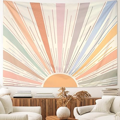 Miniatura 4 de Kanuyee Tapiz bohemio para colgar en la pared, diseño retro de los años 70, diseño abstracto a rayas, estético, amanecer, vintage, para dormitorio,