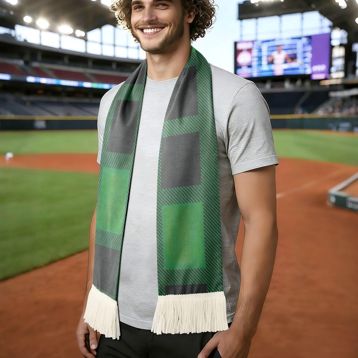 CHIFIGNO Green Black Buffalo Plaid Sports Fan Scarf with Fringe Ends, Soft Polyester Sweat Towel Wrap for Soccer Cheering, Quick Dry Rally Accessory