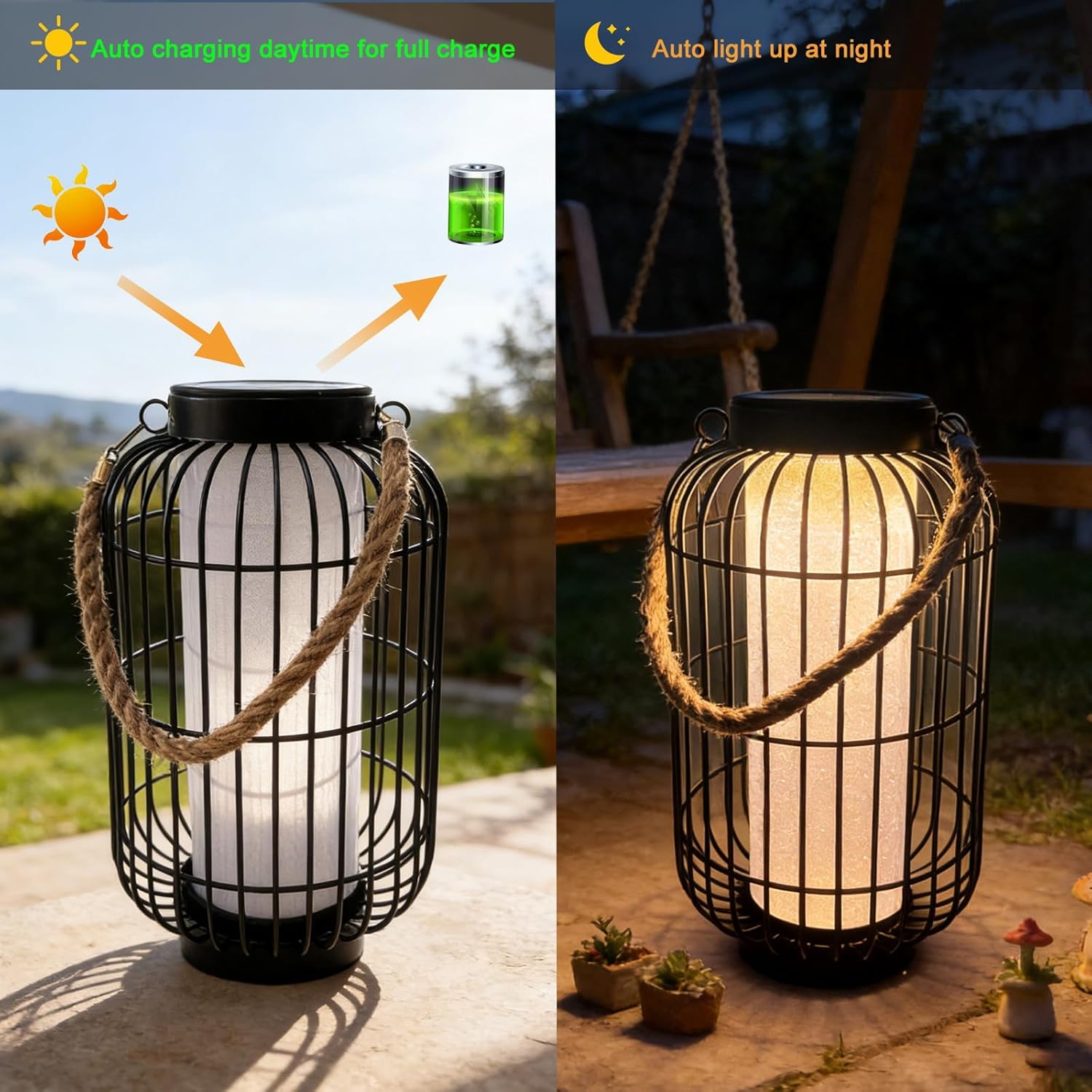 Solar Hanging Lantern Outdoor Waterproof，Retro Metal Auto On Off Table Lamp Decorative Lights for Garden Patio Porch Lawn Pathway Walkway Tabletop Decorative (1 Pack Black)