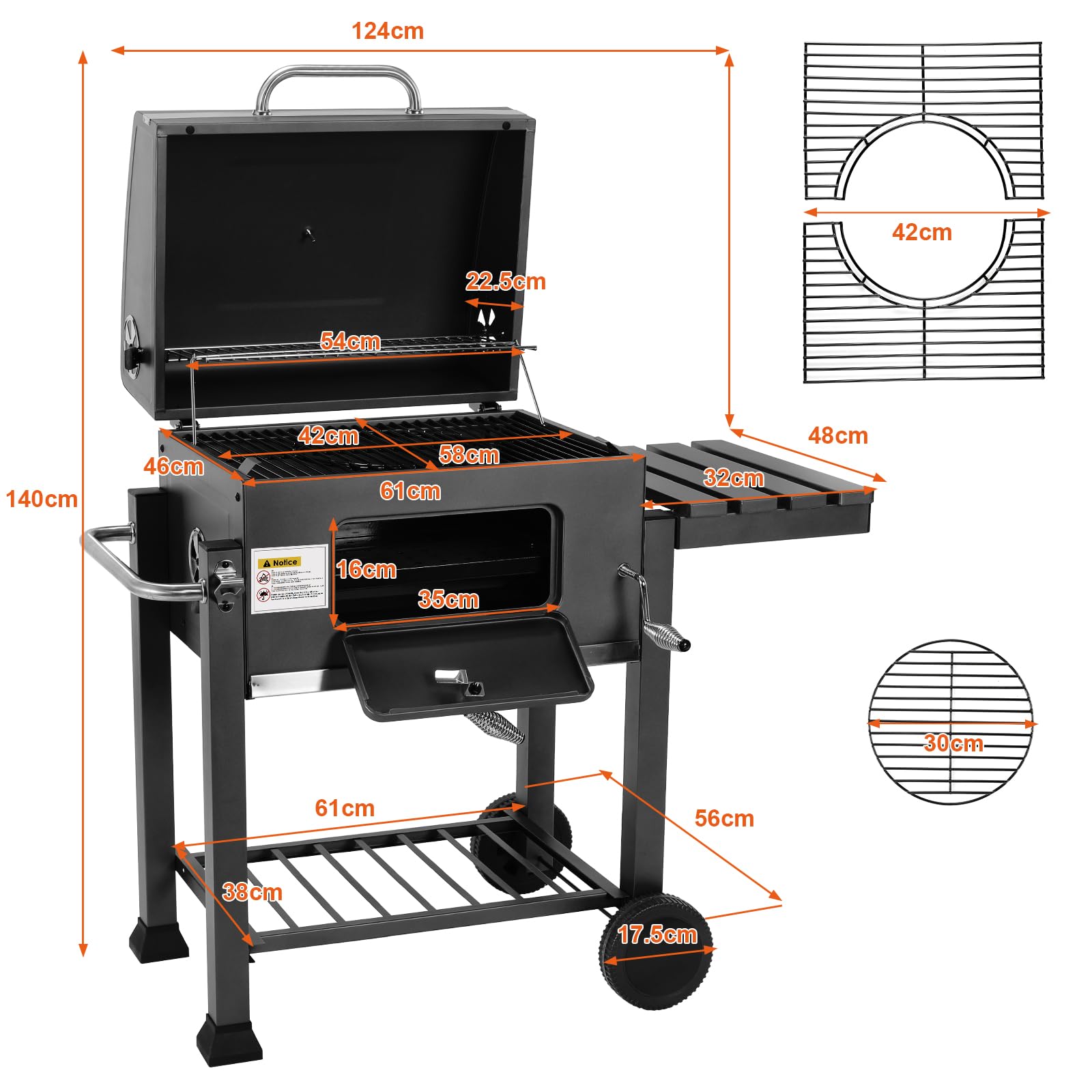 TLSUNNY Barbecue Carbonella con Coperchio, XL Barbecue a Carbone con Termometro, Ripiani Pieghevoli, Ruote, BBQ Carbonella in Giardino e all'aperto, Grande Capacità, Nero
