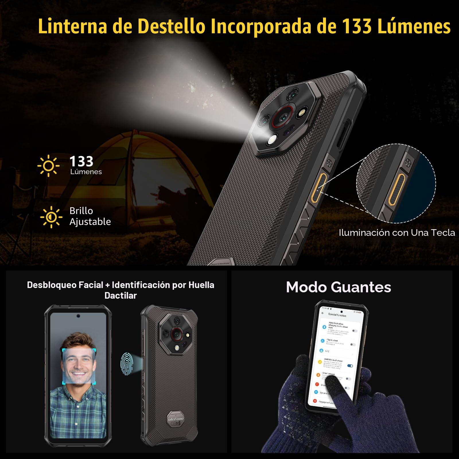 Ulefone Armor X16 Movil Resistente 2025, Android 15 Smartphone 12GB+128GB/SD-2TB 10360mAh Teléfono Movil Flashlight, 6,56”, Cámara 48MP+16MP+20MP, 3-Slots/Face ID/Fingerprint/GPS/OTG/NFC Negro