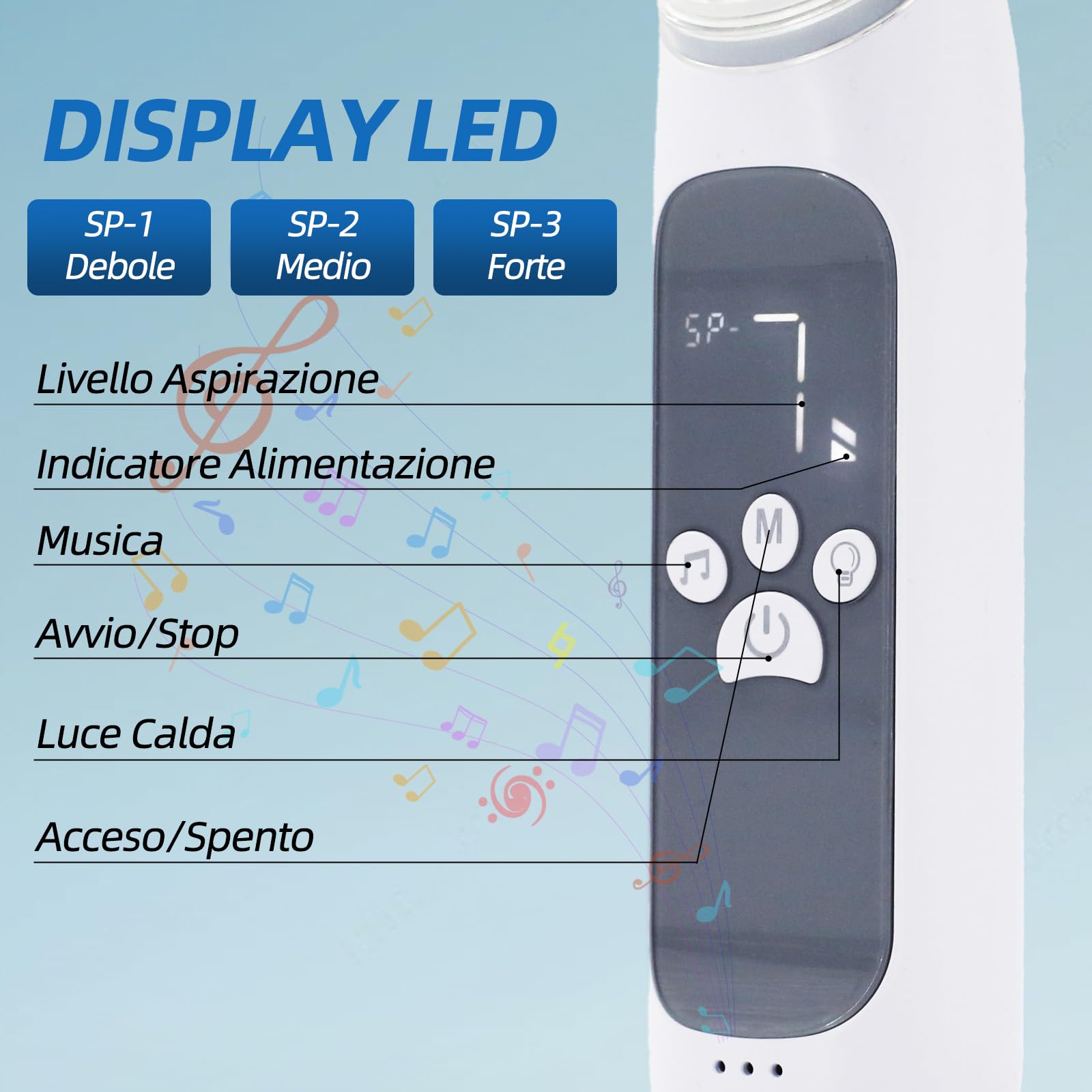 Aspiratore nasale elettrico ricaricabile con 3 livelli di aspirazione, 3 dimensioni in silicone, funzione musicale e luce (grigio)