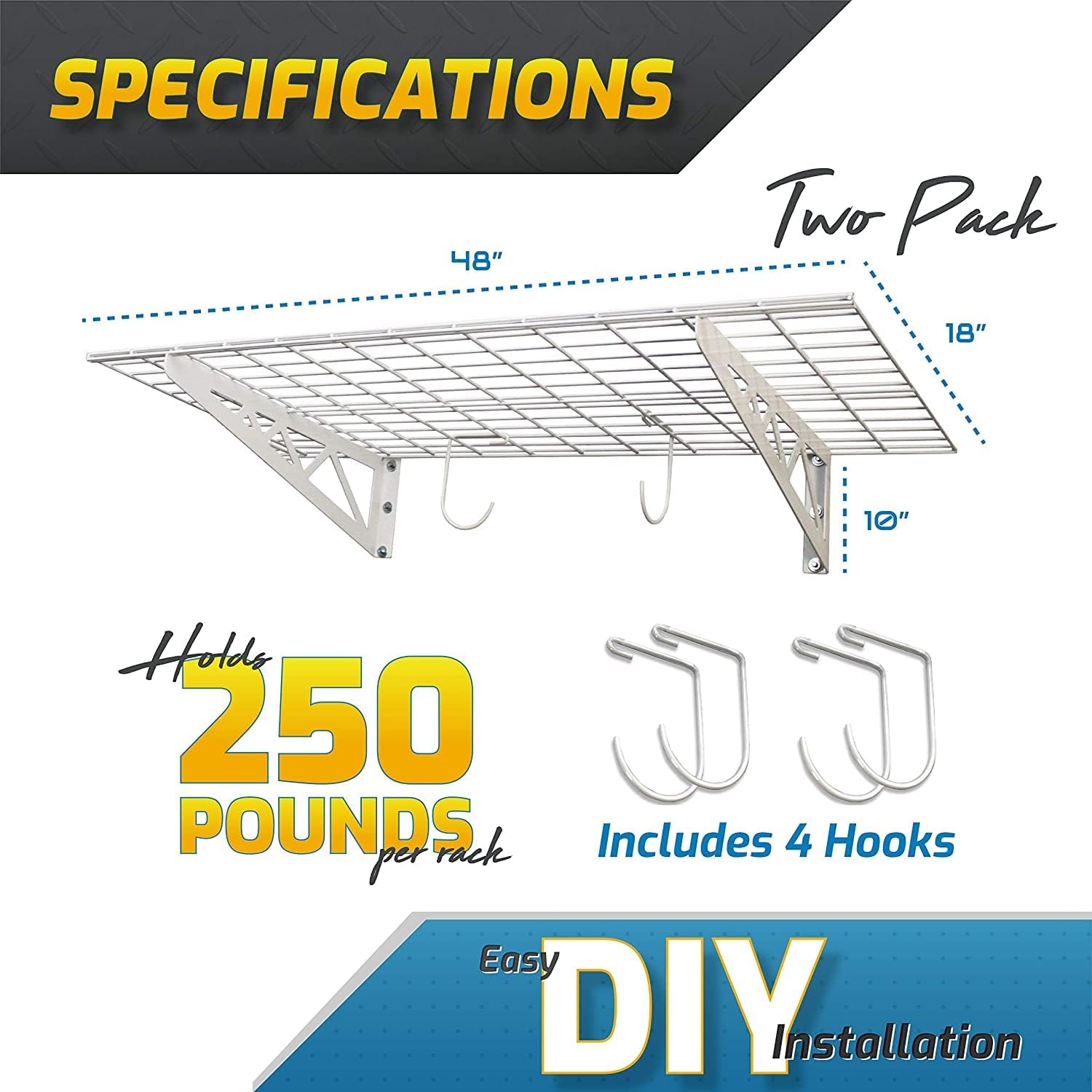 MonsterRax | Garage Wall Shelf Two-Pack White or Hammertone | Three Size Options | Includes Bike Hooks | 300lb Weight Capacity (White, 12''x36'') MR-WS1 12x36-W - Image 3