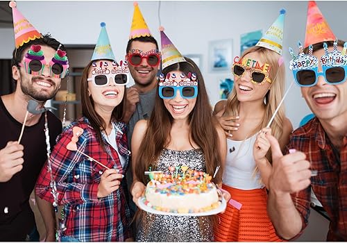 Miniatura 5 de Gersoniel 16 Pcs Birthday Party Hats Set, Birthday Cone Hats with Pom Poms and Fun Glasses for Family Celebration, Group Parties (Cute Style)