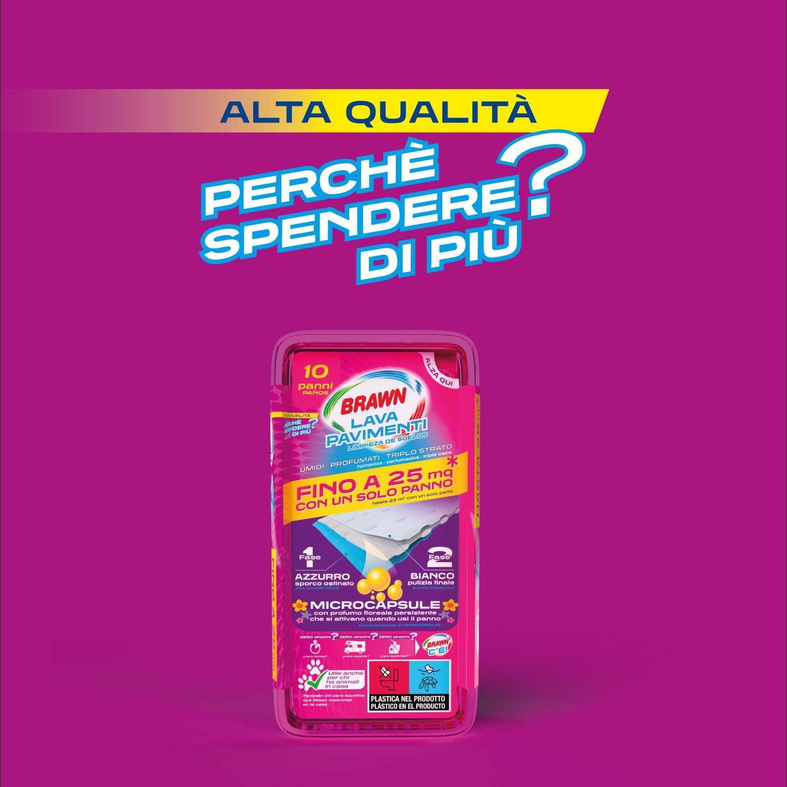 Brawn Lavapavimenti, Panni Umidificati con Microcapsule Profumate, Tessuto Ultra Spesso Triplo Strato, Puliscono Fino a 25 mq con un Solo Panno, Confezione da 10 Panni