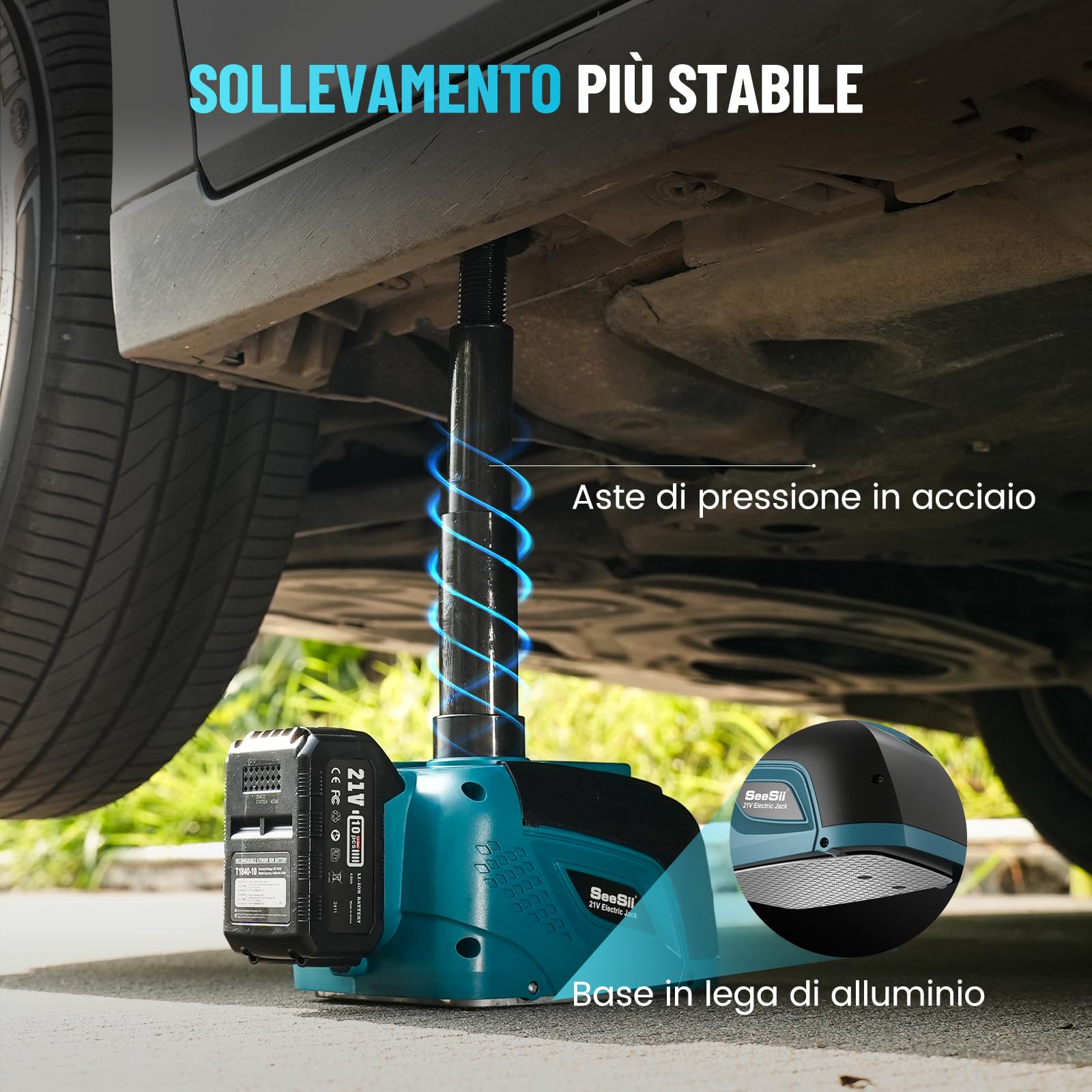 Seesii Cric elettrico 5T 3T con batteria, 21 V, set di cric idraulico con batteria da 4,0 Ah e caricabatterie, kit di sostituzione wireless per auto, SUV, MPV e pickup (altezza di sollevamento 15,5