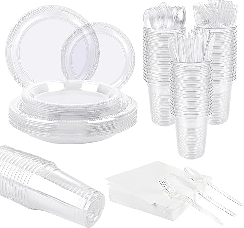 TWOWYHI 350 piezas de plástico transparente para 50 invitados, juego de vajilla de plástico transparente de 9 pulgadas y 7 pulgadas, platos de cena disponible en Yaxa Peru