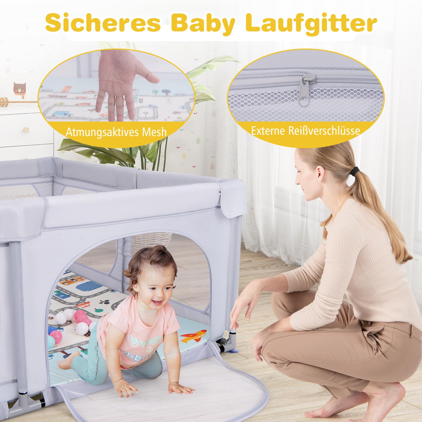 GOPLUS 189x158 cm Laufstall Baby, Laufgitter mit atmungsaktiver Netz, 4 Reißverschlusstür, Tragetasche, 50 Bällen, 4 Haltegriffen, Schutzgitter für Baby 0-3 Jahren (Mit Matratze,Hellgrau)