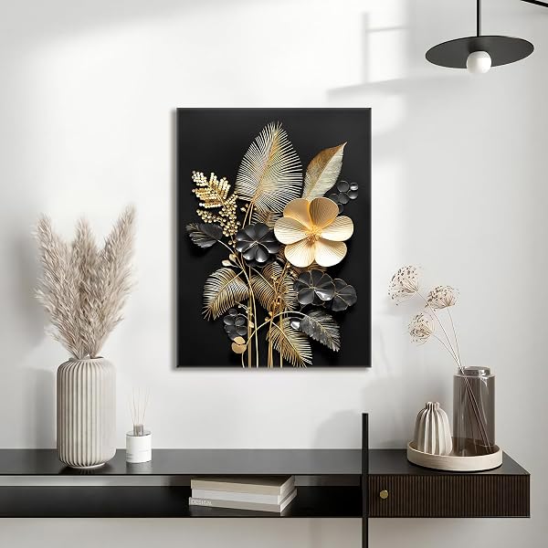 Cadre en Bois Impression sur Toile Fleurs 3D Or Noir Tableau Image sur Toile Affiche Bouquets Tropicaux de Feuilles de Cocotier Tableau Decoration Murale Salon Chambre Coucher Salle de Bains 30x40cm - 4