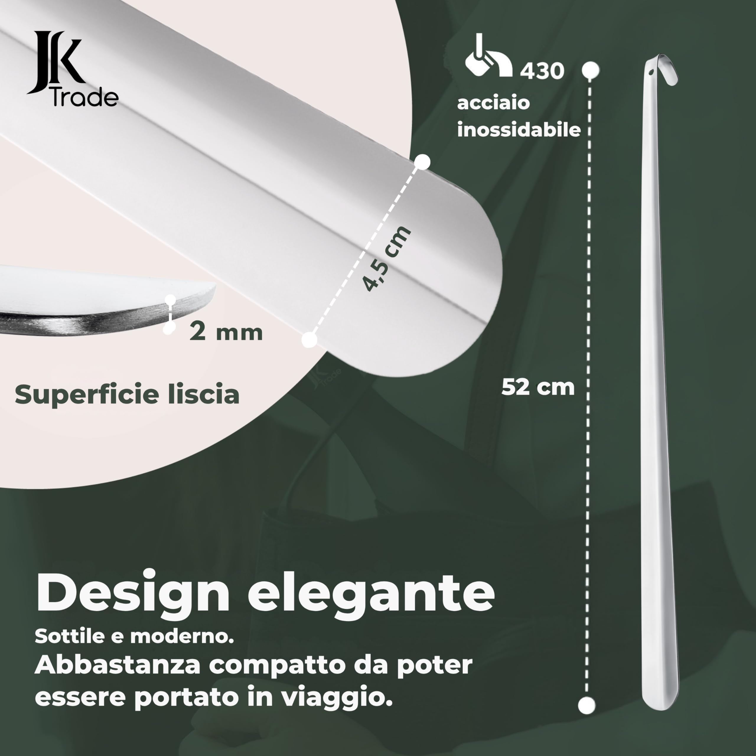 JK Trade® L'originale | 52 cm stabile in acciaio inox | Calzascarpe lungo in acciaio inox | rapido e delicato sulla schiena | lunghezza e larghezza ideali | Shoe Horn | Business Silver