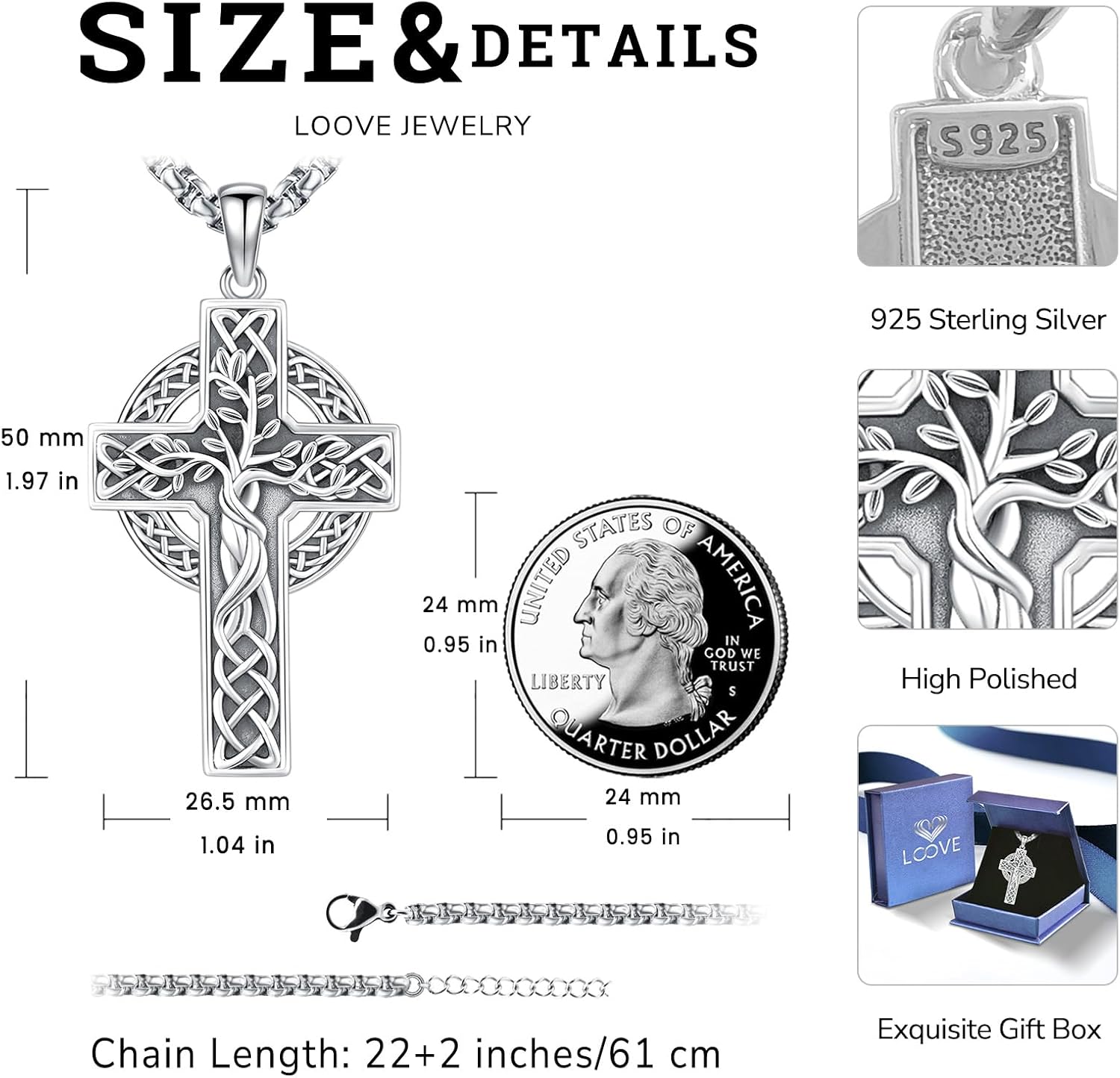 Celtic Cross Necklace Sterling Silver Irish Knot Claddagh Cross Pendant Jewelry for Men with 22"+2" Box Chain - Image 4