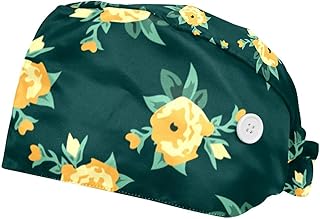 Yellow Small Flower 2 Pieces Unisex Working Caps with Buttons Adjustable Bouffant Hats Tie Back Caps