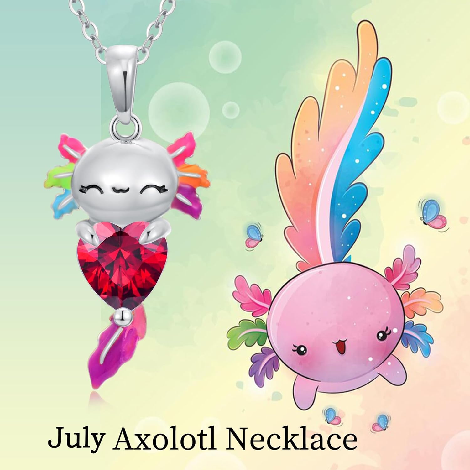 925 Sterling Silver Axolotl Necklace, Heart-Shaped Birthstone Axolotl Pendant Gemstone Necklaces Cute Animal Jewelry Gifts for Women Christmas Birthday, 18"+2"