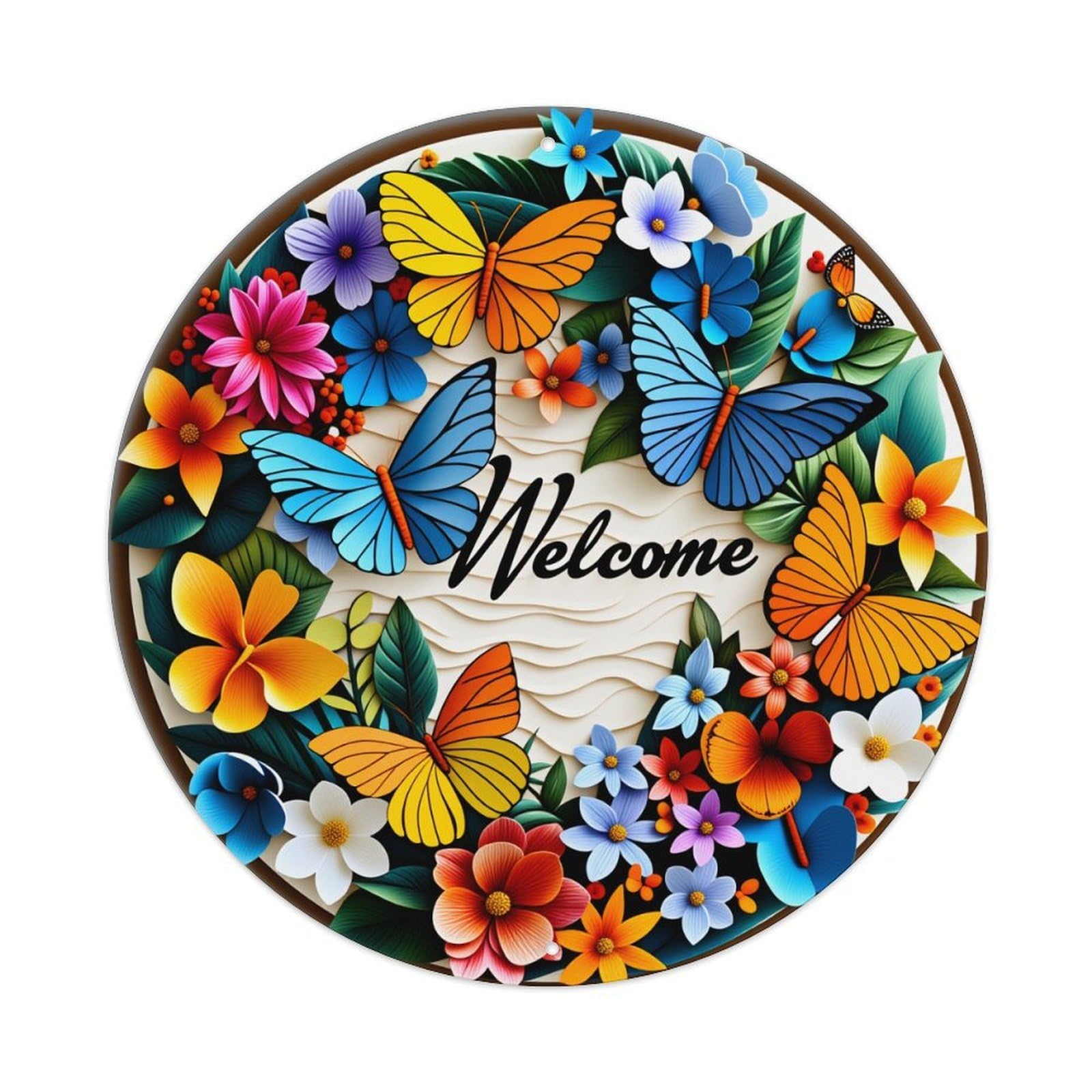 Butterfly Flower Welcome Pattern Art Round Tin Sign Vintage Metal Poster Retro Bar, Home, Man Cave, Kitchen, Laundry Room Wall Art Decor Gift 8x8Inch