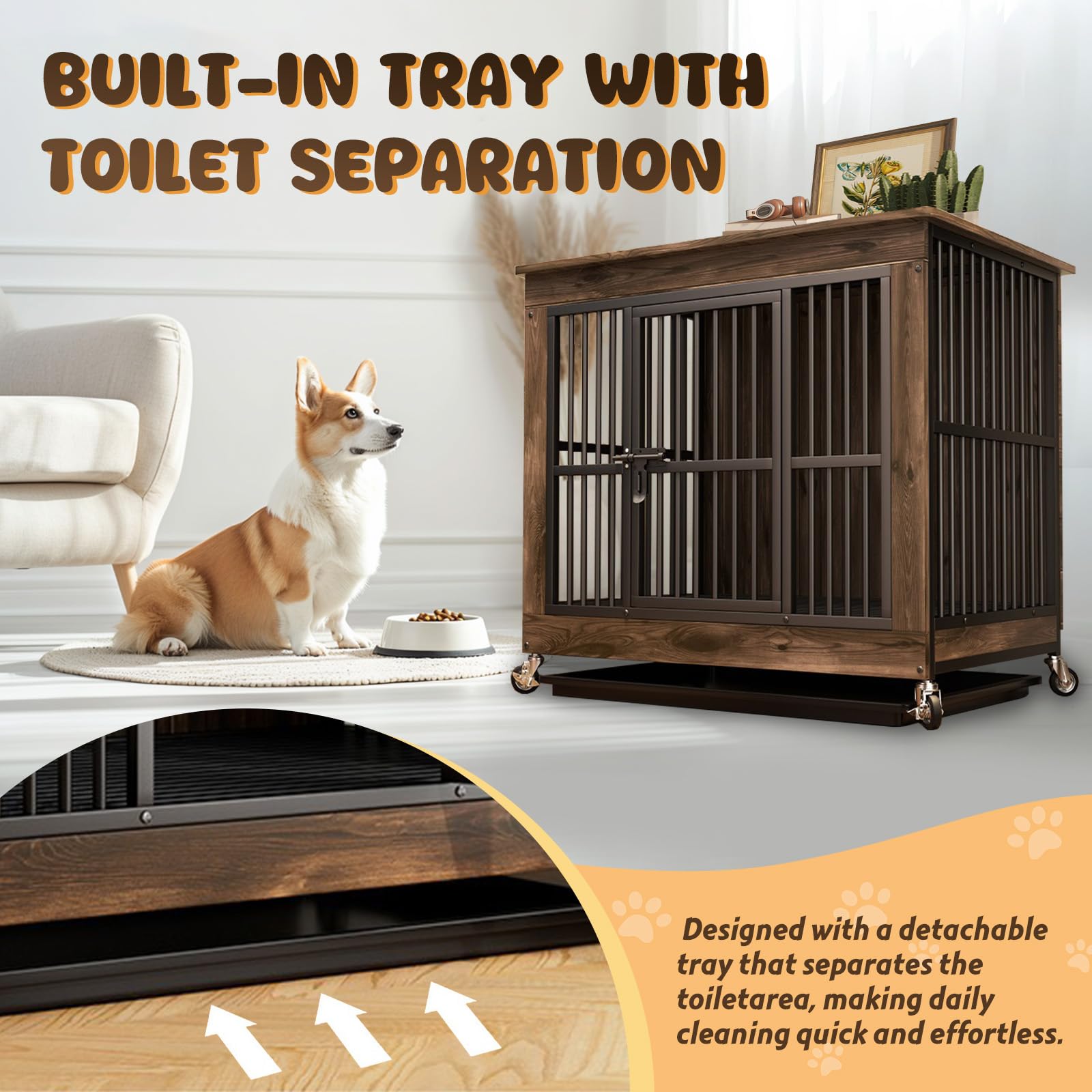 Jaula de Madera para Perros con Bandeja Extraíble y Ruedas | Diseño tipo mueble, Techo resistente, Marrón, 80 × 52 × 77 cm, Tamaño S